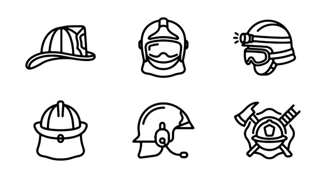 Firefighter Helmets, Safety Gear Icons, Protective Headwear Collection, Emergency Service Vector Set