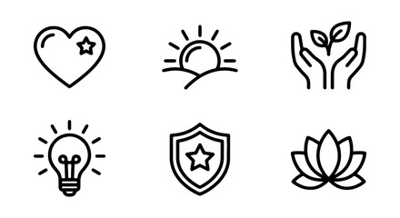 Minimalist Line Icons: Heart, Sun, Plants, Lightbulb, Shield, Lotus Flower, Vector Set © RUBAL