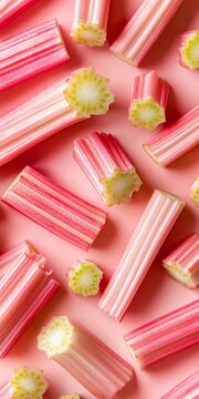Artistic Composition of Freshly Chopped Rhubarb Stalks and Ribands on a Soft Pink Background