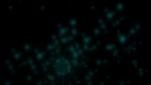 Abstract dark background with out of focus teal circles. Cyan particle texture for database financial calculations overview design. Digital particle animation for monitor.