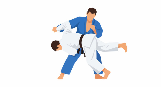 Two martial artists grapple and throw in a competitive match