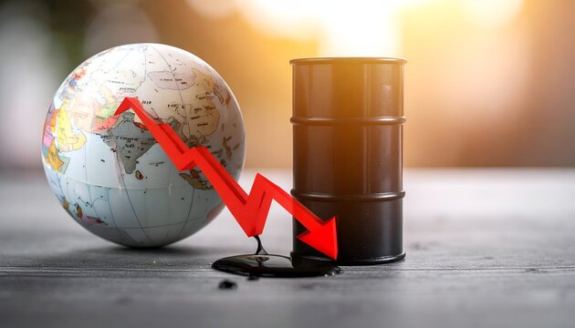 Global oil market decline and economic slowdown concept featuring crude oil barrel, reduced revenue, and bearish financial trends.