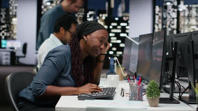 Tired programmer falling asleep in office while analyzing machine learning. Sleepy IT expert reviewing code logic to improve AI accuracy late at night.