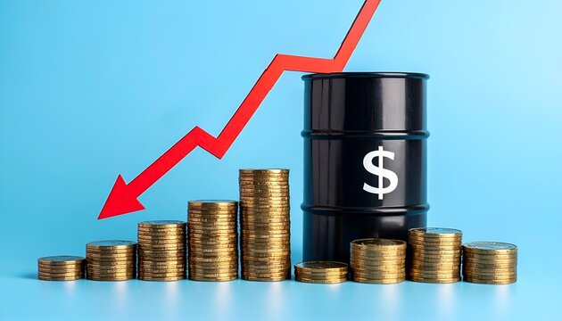 Black oil drum stands beside stacked gold coins. Red arrow points downward, symbolizing decline