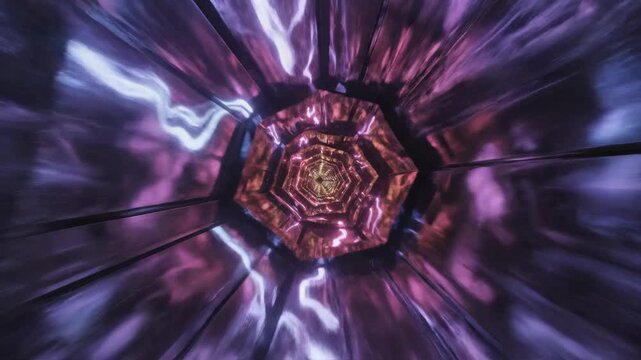 Abstract futuristic tunnel with vibrant glowing lights and dynamic energy flow. A mesmerizing visual journey.