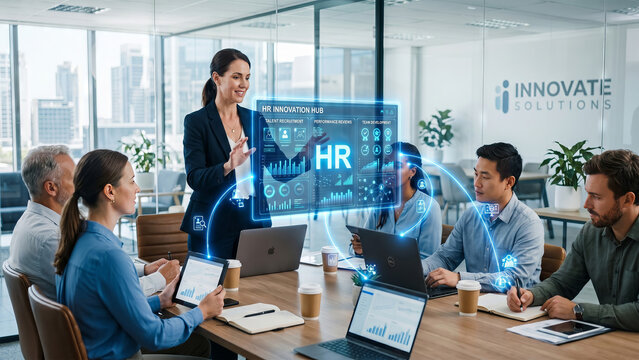 Female executive presenting HR Innovation Hub dashboard at corporate meeting