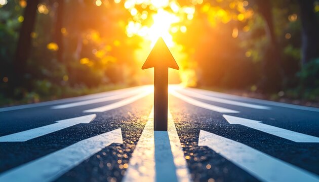 Sunlit arrow points forward on wet road. Trees blur softly behind golden glow. Road stretches ahead