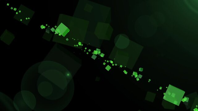 Green cubes and bokeh lights on black background abstract. Geometry cubes pattern for matrix technology data network presentation layout backdrop.