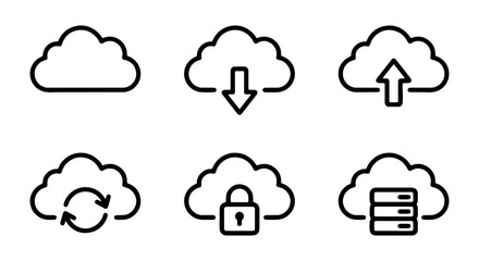 Fototapeta premium Cloud Icons: Data Storage, Download, Upload, Security, Sync, Server