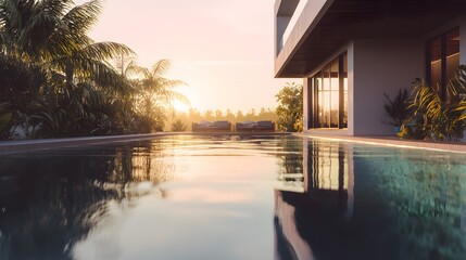 Fototapeta premium Luxury sunset over villa pool. Contemporary architecture style. Tropical real estate property. Elegant house exterior design.