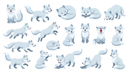 Collection of cute arctic foxes in various poses, illustrating different behaviors and emotions, perfect for children's content and educational materials. © jaina