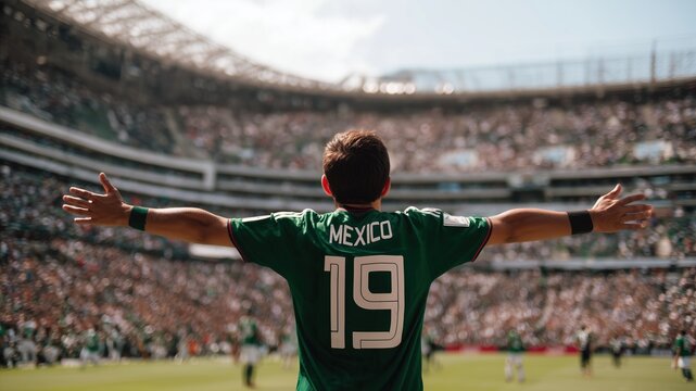 Man wearing green jersey with arms outstretched in stadium