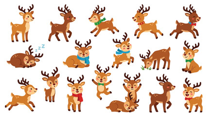 Collection of cute cartoon reindeer in various poses and expressions, perfect for Christmas and winter themes. © jaina