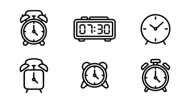 Alarm Clock Icons Set, Timekeeping Devices, Digital and Analog Clocks, Vector Graphics