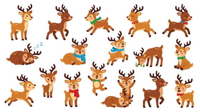 Collection of cute cartoon reindeer in various poses and expressions, perfect for Christmas and winter themes.
