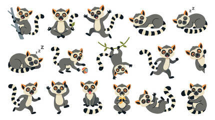 Collection of cartoon ring-tailed lemurs in various playful poses and activities, isolated on a white background. © jaina