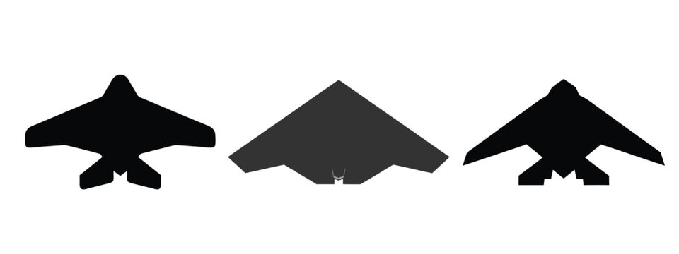 Stealth Bomber and Military Aircraft Silhouette Set, Strategic Flying Wing, Delta Fighter Jet, Radar Invisible Plane and Drone Vector Collection.