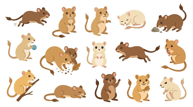 Collection of cute gerbils in various poses and activities, isolated on a white background.