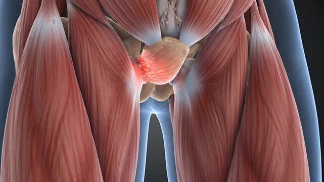 Human leg anatomy illustration with red glowing muscle pain