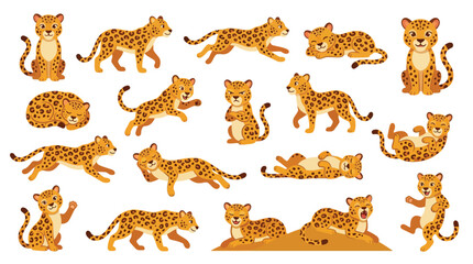 Collection of cute cartoon cheetahs in various poses and actions, showcasing their playful and energetic nature. © jaina