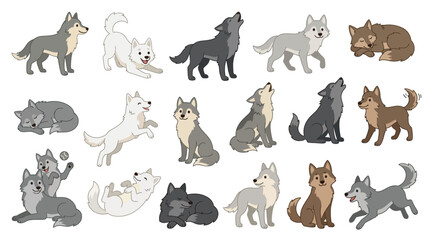 Fototapeta premium Collection of cartoon wolves in various poses and colors, including howling, playing, and sleeping.