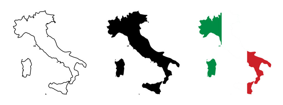 Italy Map Silhouettes with National Flag and Country Outline