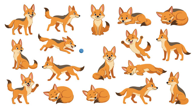 Collection of cartoon jackals in various poses and activities, showcasing their playful and alert nature.