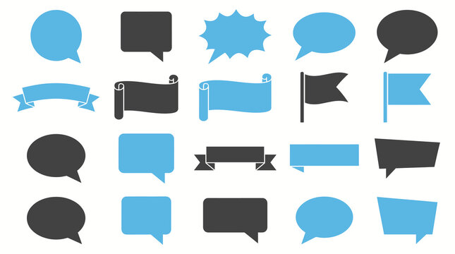 Collection of various speech bubbles and banners in blue and black.