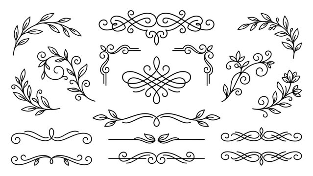 Elegant floral dividers and calligraphic corner ornaments vector set for wedding invitation and certificate design