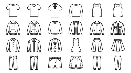 Clothing line icons set featuring shirts pants jackets and skirts vector illustration for fashion retail and apparel design