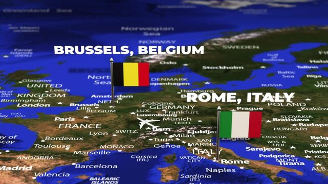 Flight From Rome ITALY to Brussels BELGIUM with flag pins