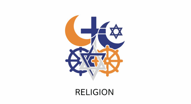 A collection of religious symbols intermingled with wheels and stars