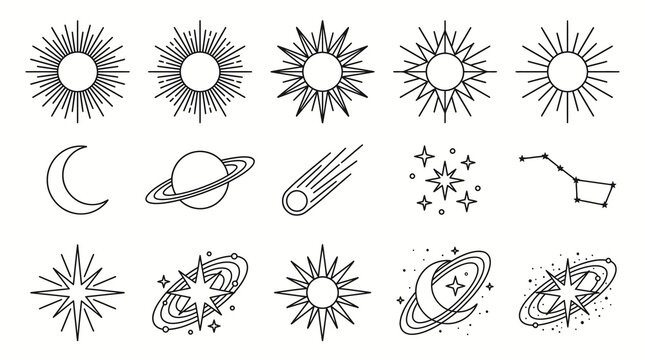 Black and white astronomy symbols with planets and stars.