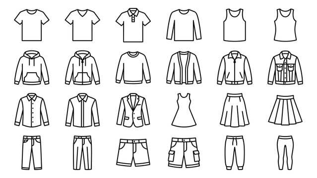 Clothing line icons set featuring shirts pants jackets and skirts vector illustration for fashion retail and apparel design