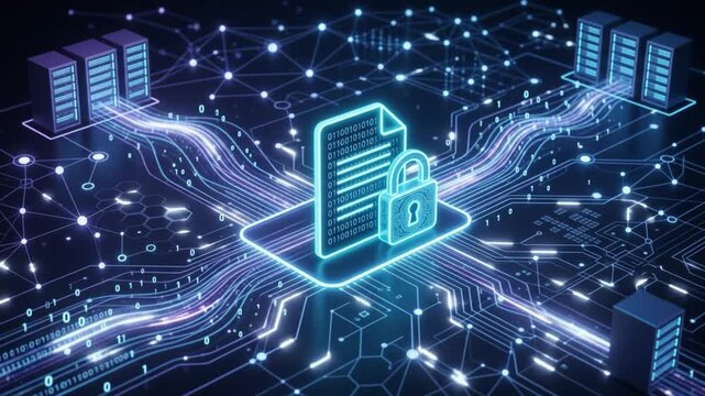 Data security digital lock network connection server room binary code protection cybersecurity information technology secure file glowing lines futuristic design technology concept data encryption
