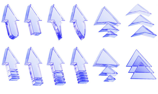 Glass cursors, triple arrows and triangles 3D graphics. Render set of blue transparent pointer icon for digital interface design. Navigation symbols, direction signs with speed effect