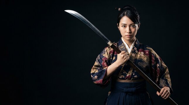 漆黒の背景に凛と際立つ武道スピリット。伝統的な羽織袴を纏った日本人女性の真剣な眼差しと、力強く構えた薙刀がドラマチックな陰影で緊迫感を魅せるクローズアップポートレート