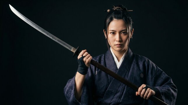 漆黒の背景に凛と際立つ武道スピリット。伝統的な羽織袴を纏った日本人女性の真剣な眼差しと、力強く構えた薙刀がドラマチックな陰影で緊迫感を魅せるクローズアップポートレート
