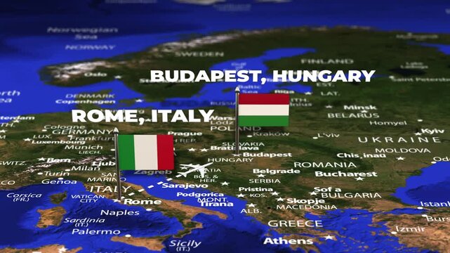 Flight From Rome ITALY to Budapest HUNGARY with flag pins