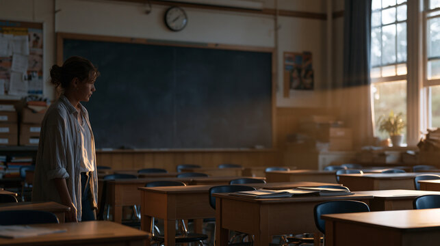 Title I elementary school classroom with thirty-four desks crammed into a space designed for twenty, teacher navigating narrow rows with reading worksheets, underfunded district