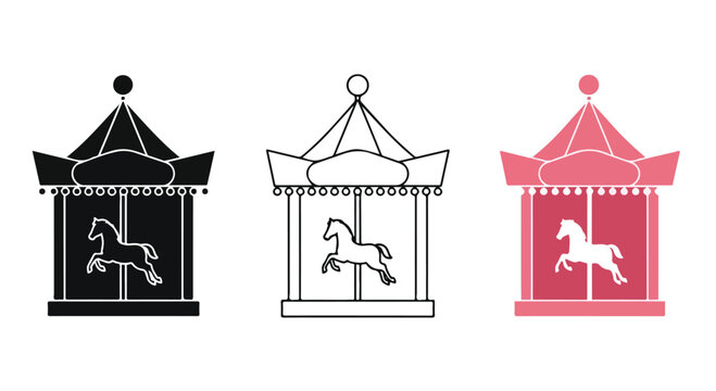 Colorful amusement park carousel horse ride with vibrant pink, white, and black colors and playful design