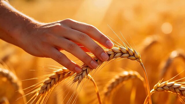 Hand touching wheat in golden field