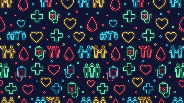 Blood donation icons form a seamless pattern representing healthcare, medical support, and community wellness on a dark background.