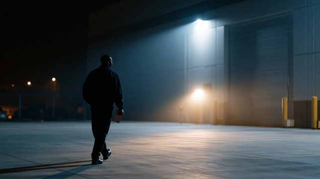 Night shift security guard walks perimeter of an unmanned automated fulfillment center, flashlight scanning dock seals, access log clipboard in hand, exterior motion lights