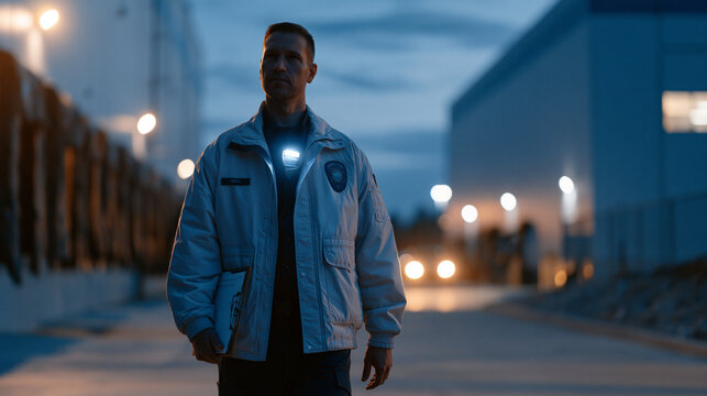 Night shift security guard walks perimeter of an unmanned automated fulfillment center, flashlight scanning dock seals, access log clipboard in hand, exterior motion lights