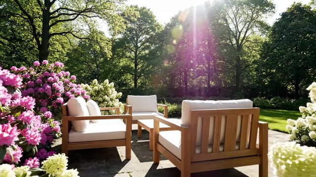 peaceful garden patio with wooden furniture and cushions. sunny backyard surrounded by blooming pink and white flowers. spring landscape design, outdoor relaxation concept, nature background.