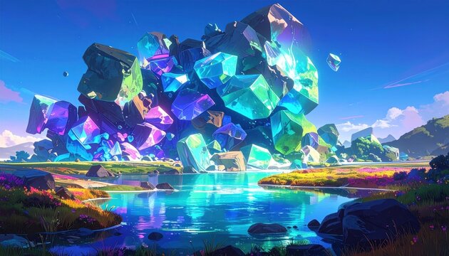 Vibrant Crystal Formation by Serene Lake.
