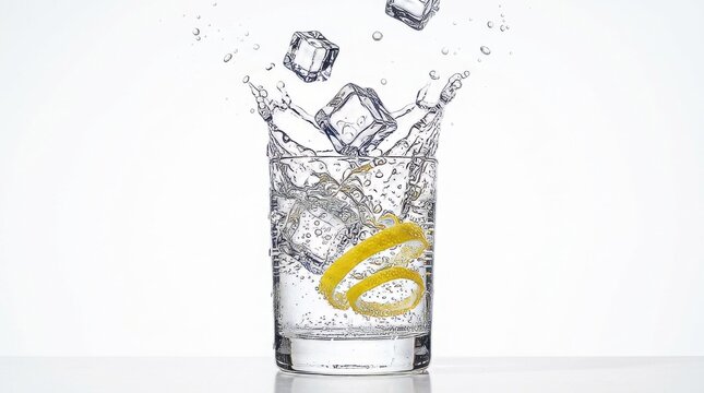 Ice cubes and a lemon twist splash into a clear glass of sparkling water, creating a refreshing and invigorating scene. This image captures the essence of pure refreshment and a cool, crisp beverage.