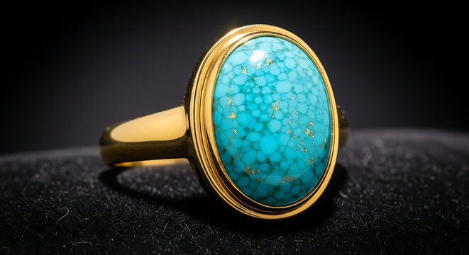 Elegant gold ring with a large oval turquoise gemstone resting on a textured black surface