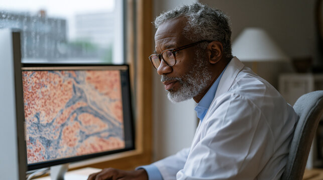 Pathologist conducting a remote digital pathology consultation, whole-slide images of a suspicious lymph node biopsy filling a calibrated diagnostic display, the physician leaning